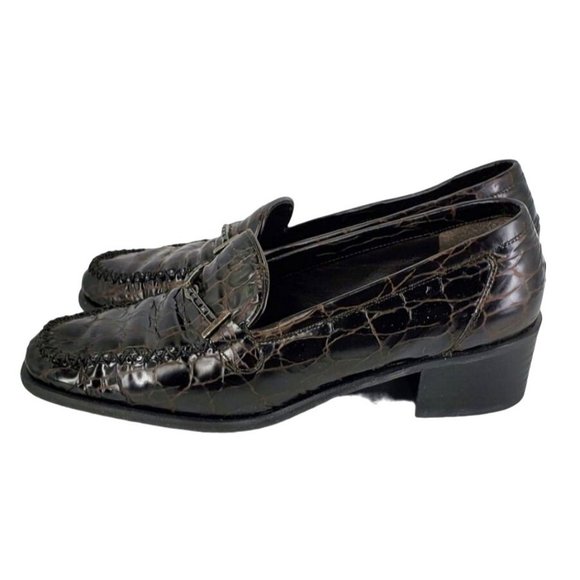Stuart Weitzman Croc Embossed Patent Leather Brown Low Heel Loafers Womens 7M - Picture 6 of 11
